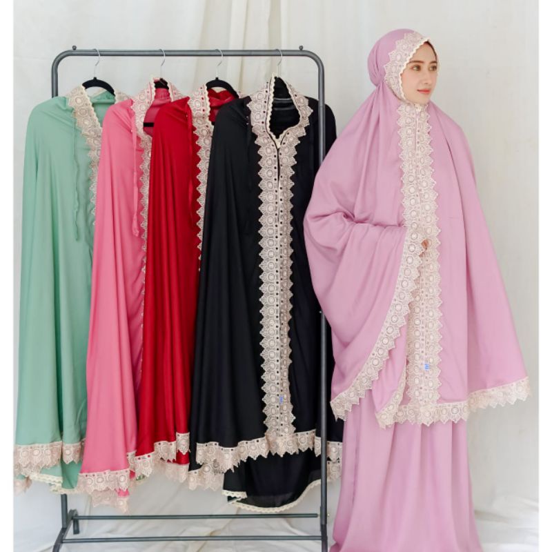 Mukena Rayon RESLETING  DUBAI 2 IN 1 Mukena Full Renda