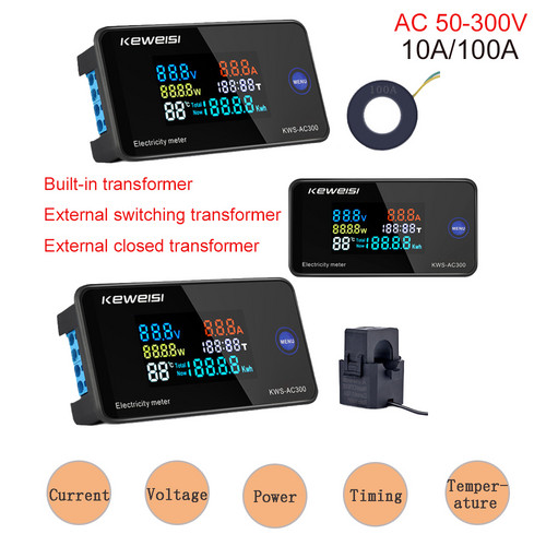 6 In 1 Kws-Ac300 Voltmeter Suhu Ac 100a/10a 50~300v Dengan Monitor Lcd Digital