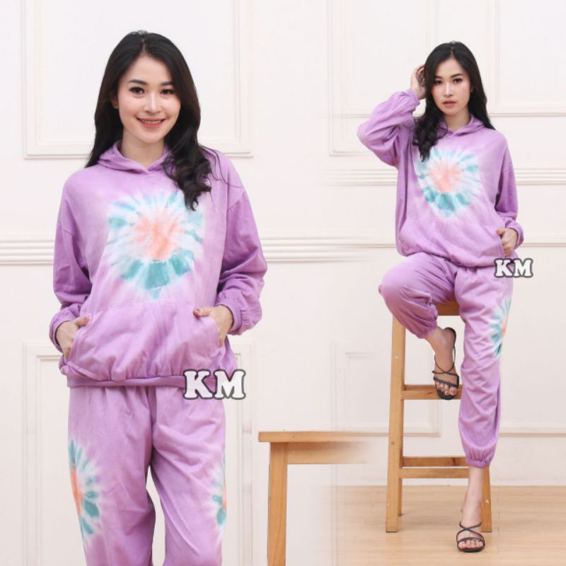 Setelan CP Sweater Hoodie Tiedye Set Celana Joger One Set Tiedye Fashion Baju Wanita Kekinian-Hodie mentari Ungu