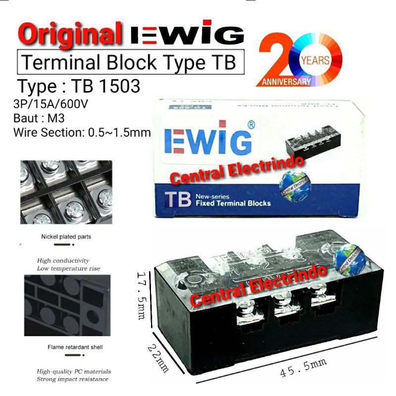 Terminal Block Blok 15A 3P (TB 1503) EWIG.