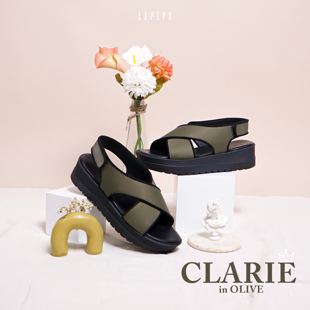 AVLINSTORE - tipe CLARIE Sepatu Sandal Wanita Wedges Model Ban dua Tali Strap belakang Hak Tinggi Sole 4 cm