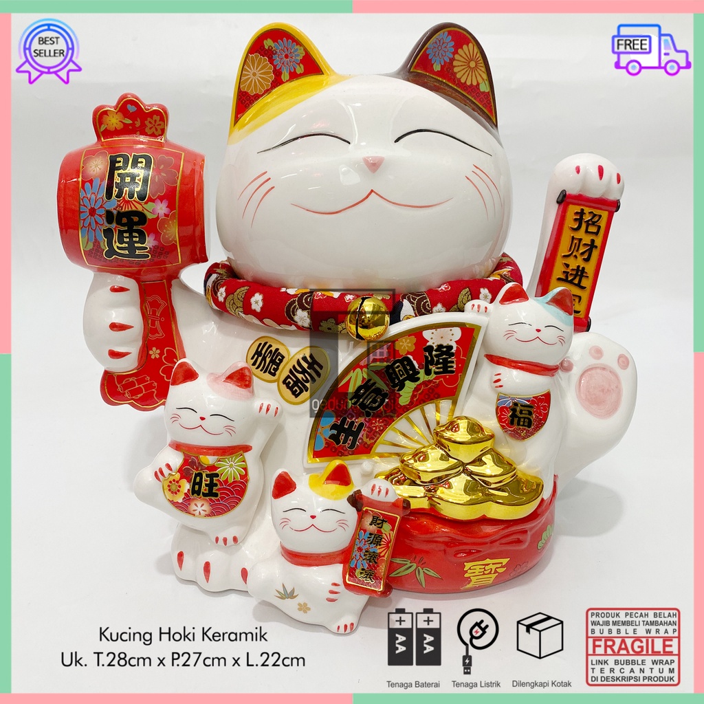 Pajangan Patung Hiasan Dekorasi Boneka Hadiah Kado Imlek Kucing Panggil Hoki Keberuntungan Lucky Cat Rejeki Rezeki Maneki Neko Maneko Neki Tangan Goyang Gerak Baterai Batre Batrai Batrei Listrik Cina Jepang Dekor Meja Toko Kasir Size Besar Jumbo Keramik