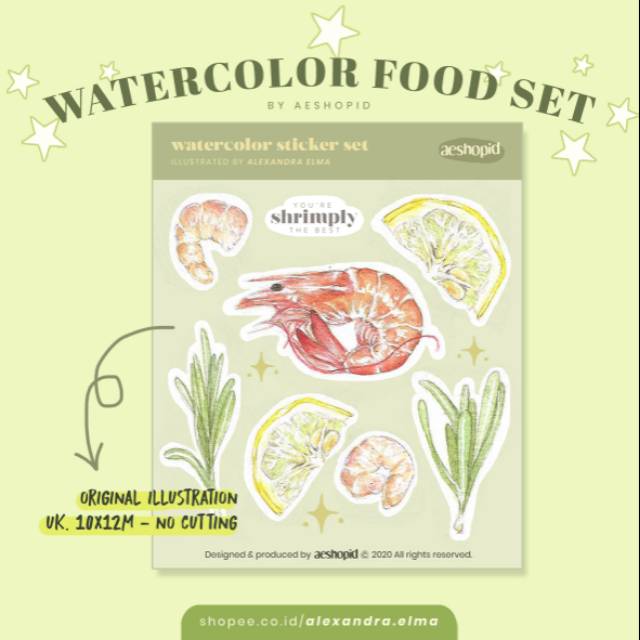 ⭐ Food Watercolor Illustration sticker set ⭐ bullet journal stiker shrimp lemon doodle aesthetic