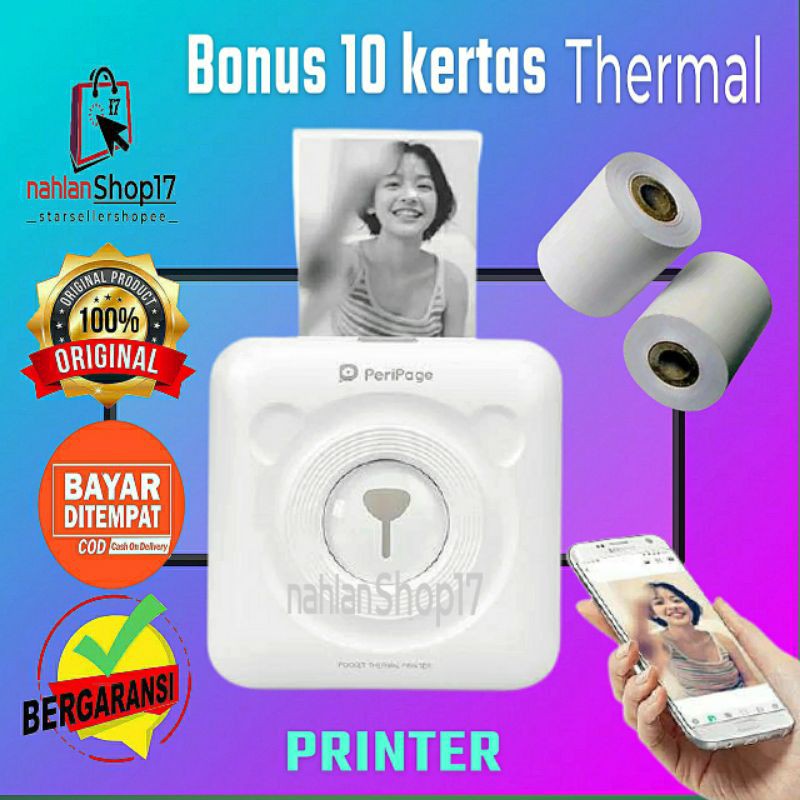 

PRINTER + BONUS 10 ROLL KERTAS THERMAL / PERIPAGE A6 BLUETOOTH 203 DPI MINI PHOTO PRINTER 58mm
