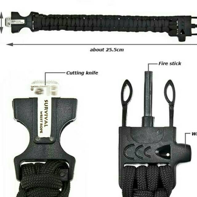 Gelang Outdoor Peluit Paracord Survival Bracelet Flint Fire Starter