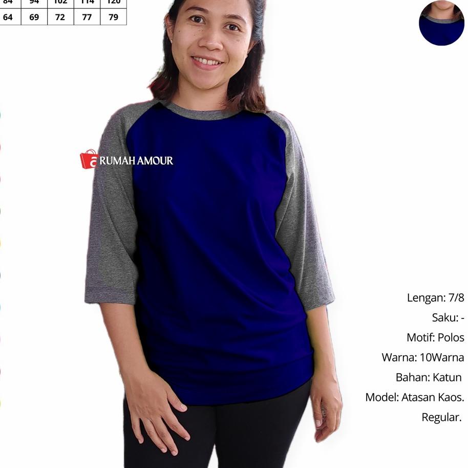 Bayar Dirumah 4.4 Kaos Raglan Wanita Warna Navy/ Biru Dongker LD Standar Jumbo Lengan 7per8 Polos Ka