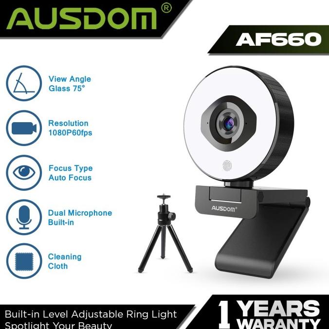 Ausdom Webcam 1080P 60Fps Autofocus With Tripod, Light - Af660 Terlaris