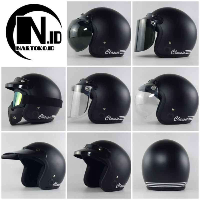 HELM BOGO DEWASA CEWEK COWOK POLOS CLASSIC STRIP HELM RETRO FULL LEHER SNI - HD HITAM DOFF