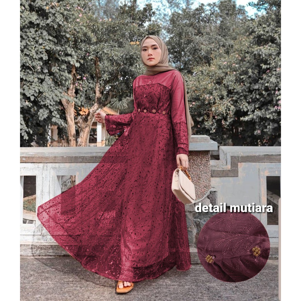 GH - MAXI RACHEL GAMIS PANJANG BAHA MOSCREPE KOMBINASI TILE IMPORT / GAMIS WANITA BERHIJAB MEWAH