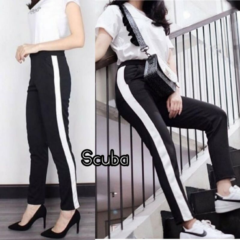 CELANA PANJANG HITAM SCUBA PANTS LIST PUTIH SIDE STIRIPE PANTS SIDE LIST