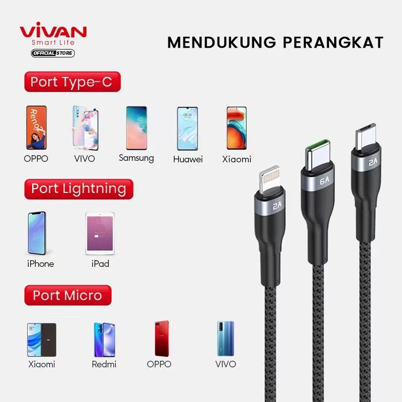 Kabel Data 3in1 VIVAN VYT120 Fast Charging 3 in 1 6A Micro USB Lightning Type C Garansi Resmi 1 Tahun