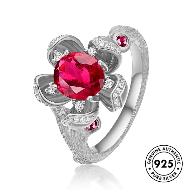 Cincin Desain Bunga Ruby Bahan S925 Silver Warna Rose Gold Untuk Wanita