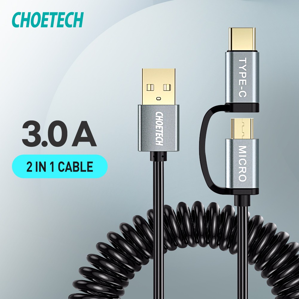 Choetech Kabel Charger 2 in 1 Micro USB + USB Type C Spring Cable 3A - XAC-0012-101 - Black