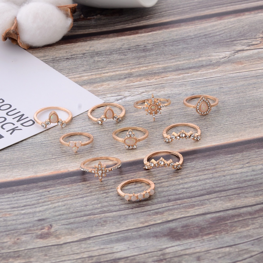 Eropa dan Amerika gaya baru imitasi opal style ring diamond crown kombinasi wanita 10 buah set cinci