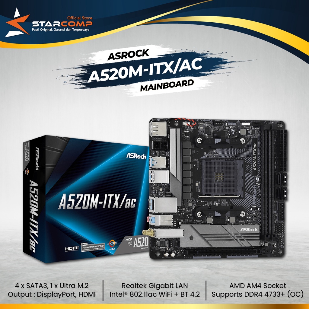 ASROCK A520M-ITX/AC Motherboard AM4 DDR4 A520