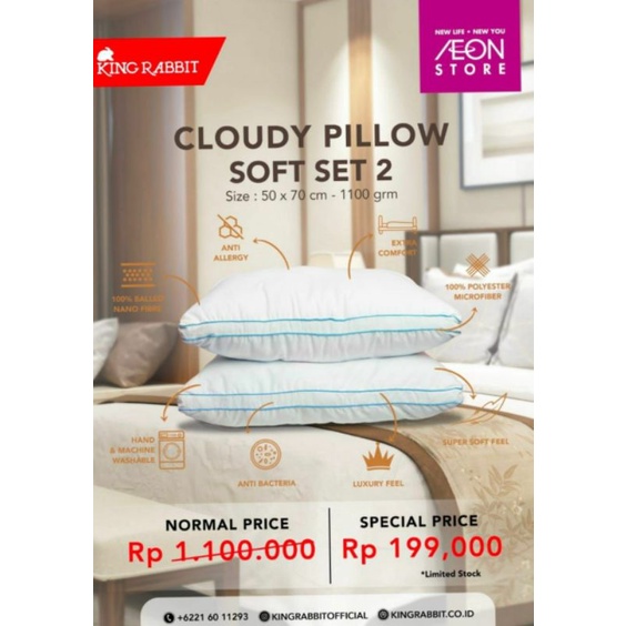 King Rabbit Cloudy Pillow Soft Set Isi 2 / Bantal Kepala Uk. 50x70 cm