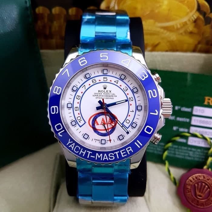 Jam Tangan Pria Rolex YACHT MASTER Ceramic Bezel Silver Blue SUPER PREMIUM