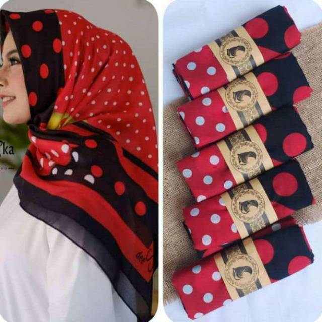 HIJAB SEGI EMPAT DEESKA KW MOTIF POLKADOT HITAM MERAH KERUDUNG JILBAB DENAY KW TERBARU