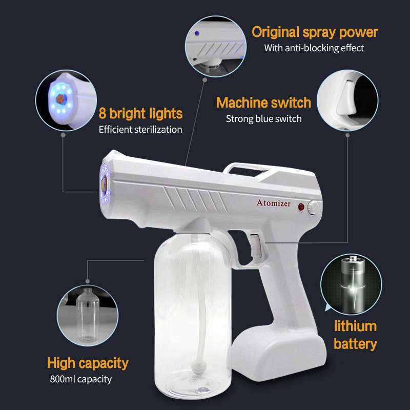 800 ML Wireless Nano Sprayer Gun Electric Sanitizer Sprayer Mendisinfeksi Uap Nano Cahaya Biru