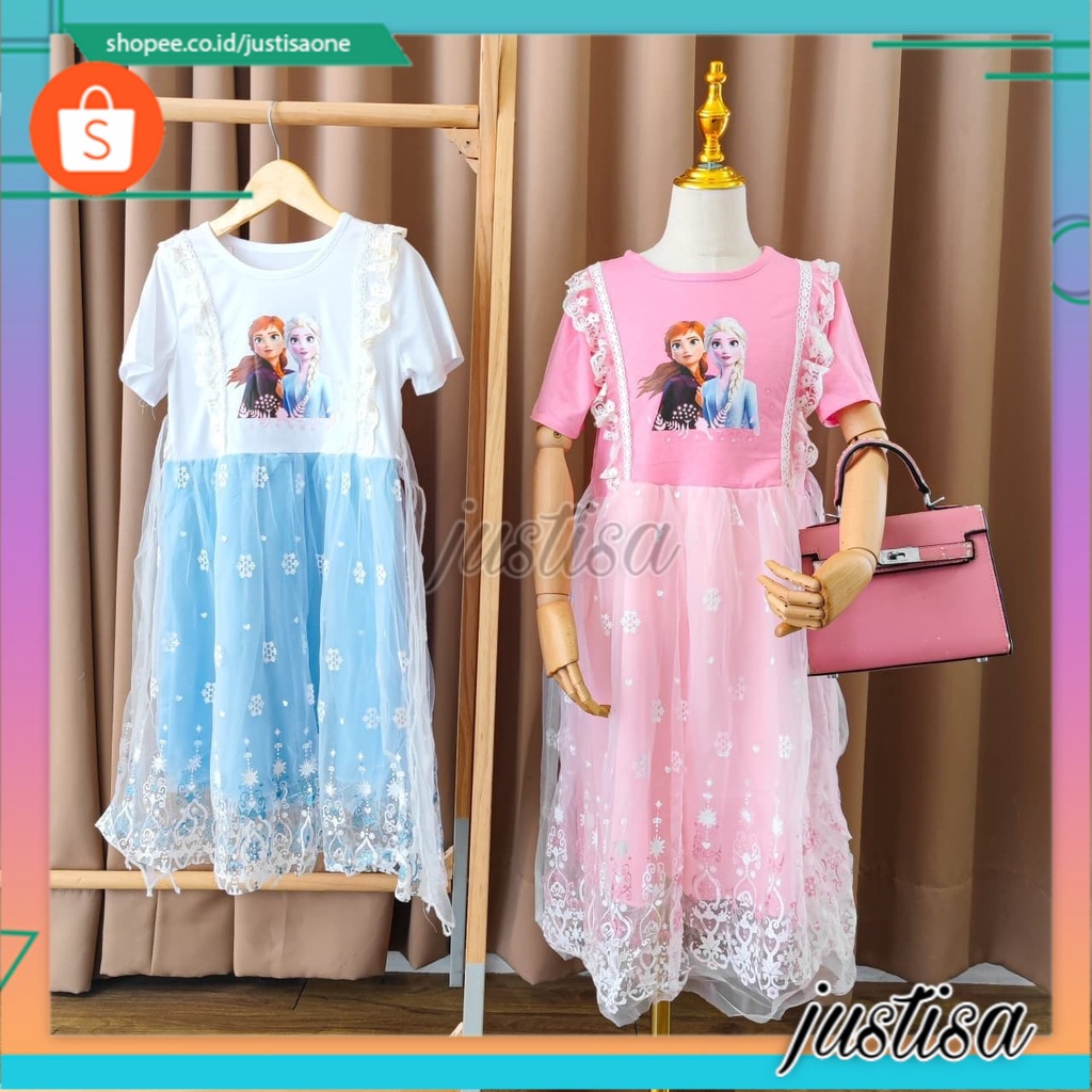 Promo !! Dress anak perempuan import / Gaun anak / Dress frozen snow flakes renda import ukuran 6-7tahun uk XXL (pink,biru)