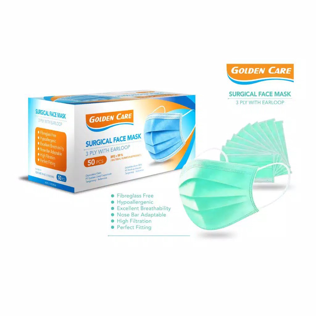 Masker 3 Ply Earloop Surgical Golden Care ( 1 Box isi 50)