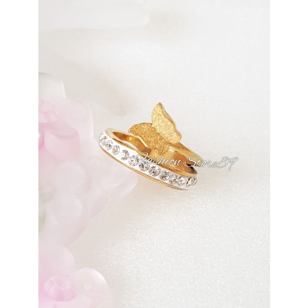 Cincin Fashion Impor Buterfly Full permata Putih Cincin Fashion Titanium Gold Antikarat Dewasa Edisi Terbatas