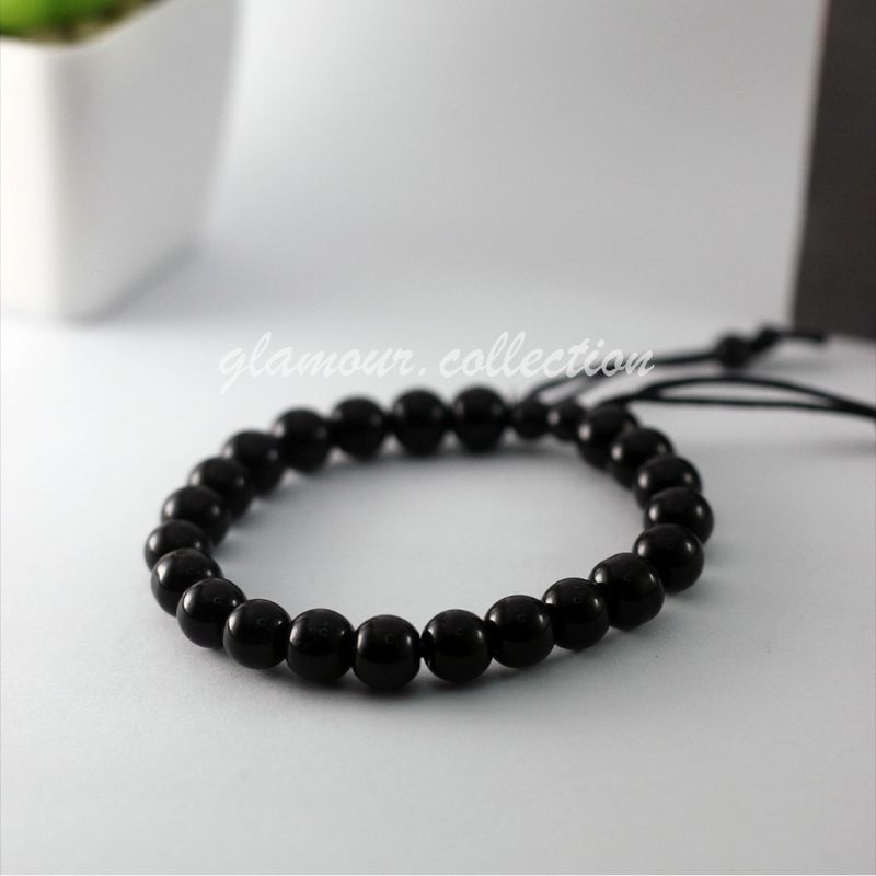 Gelang Tangan Batu Bulat Hitam Model Limbad 8mm  Pria