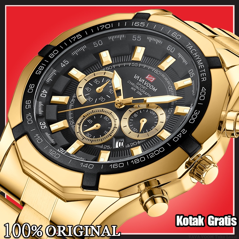 VaVa Voom 2382 Jam Tangan Pria Luxury Full Steel Sport Baja Tahan Karat Analog Mewah Kuarsa Original Tahan Air Stainless Steel Keren Fashion Watch Quartz + Kotak Gratis