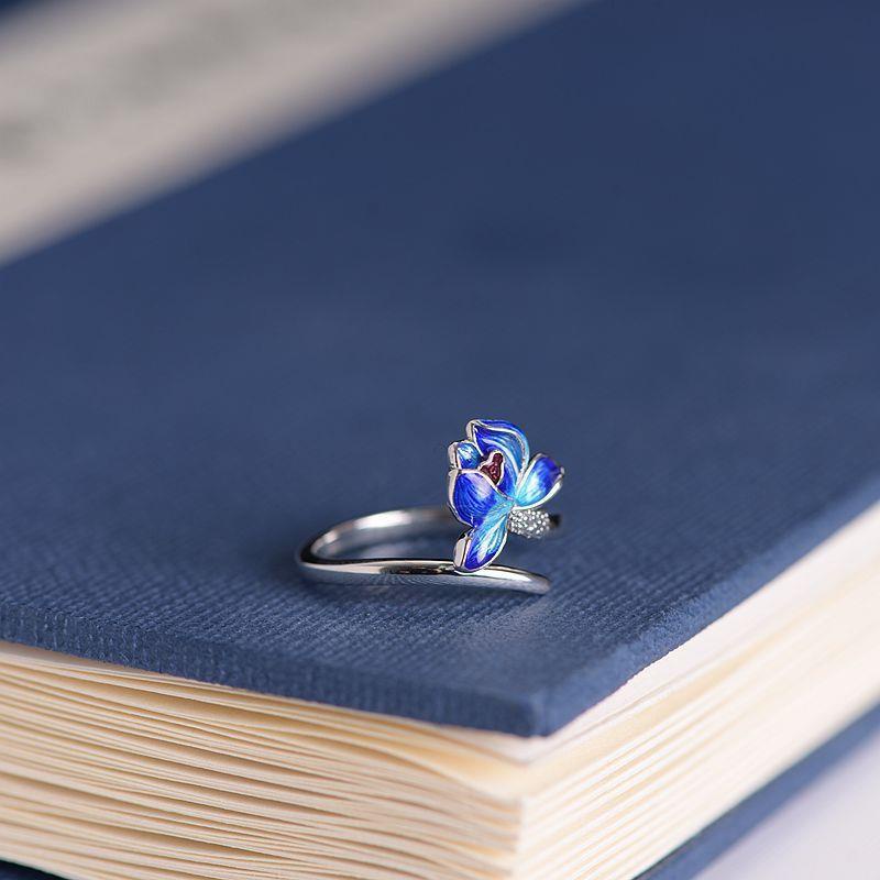 Cincin Lapis Rhodium Desain Lotus Cina Warna Biru Gaya Vintage Untuk Wanita