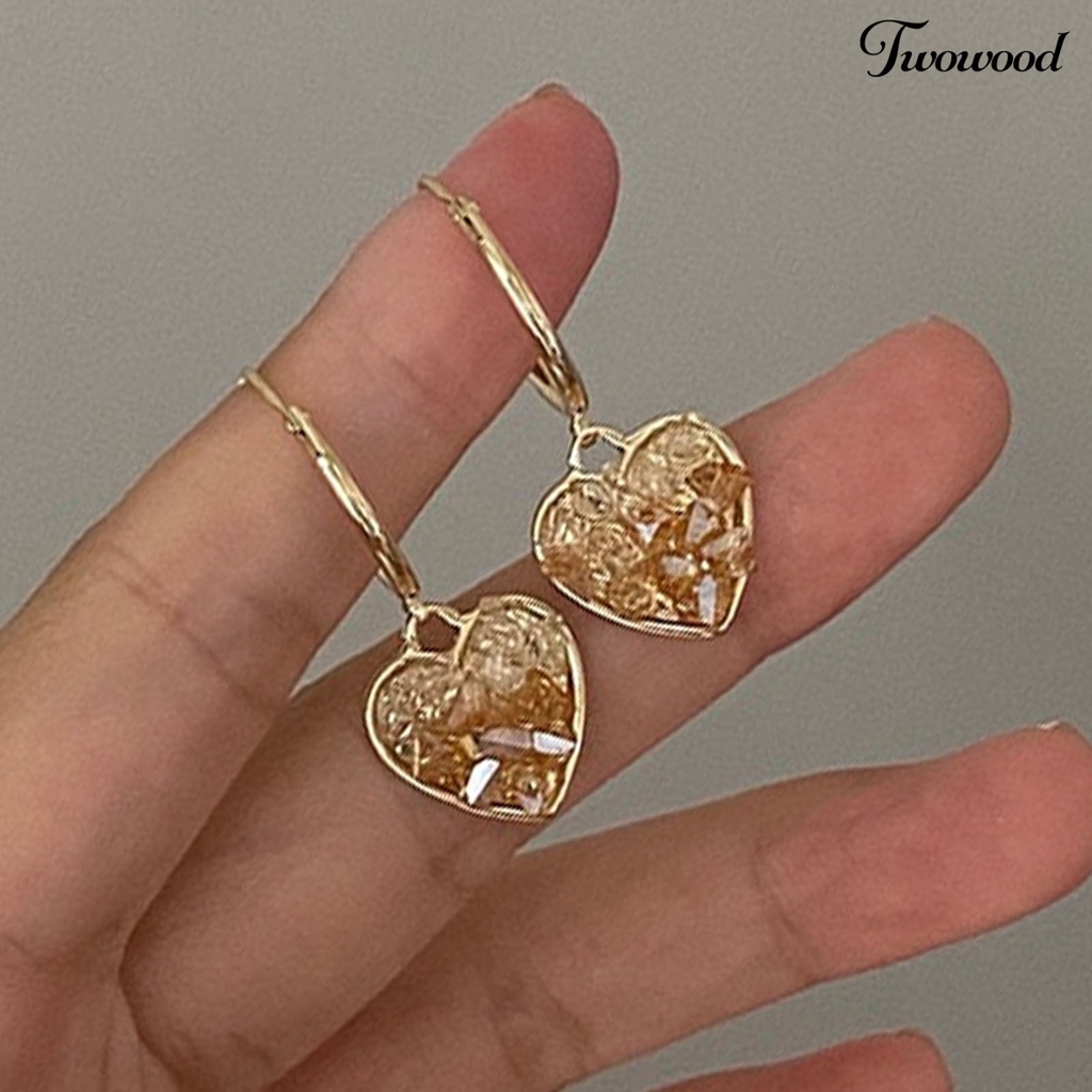 Twowood Drop Earrings Champagne Color Faux Crystal Heart Shape Irregular Surface Cute Women Earrings for Daily Wear