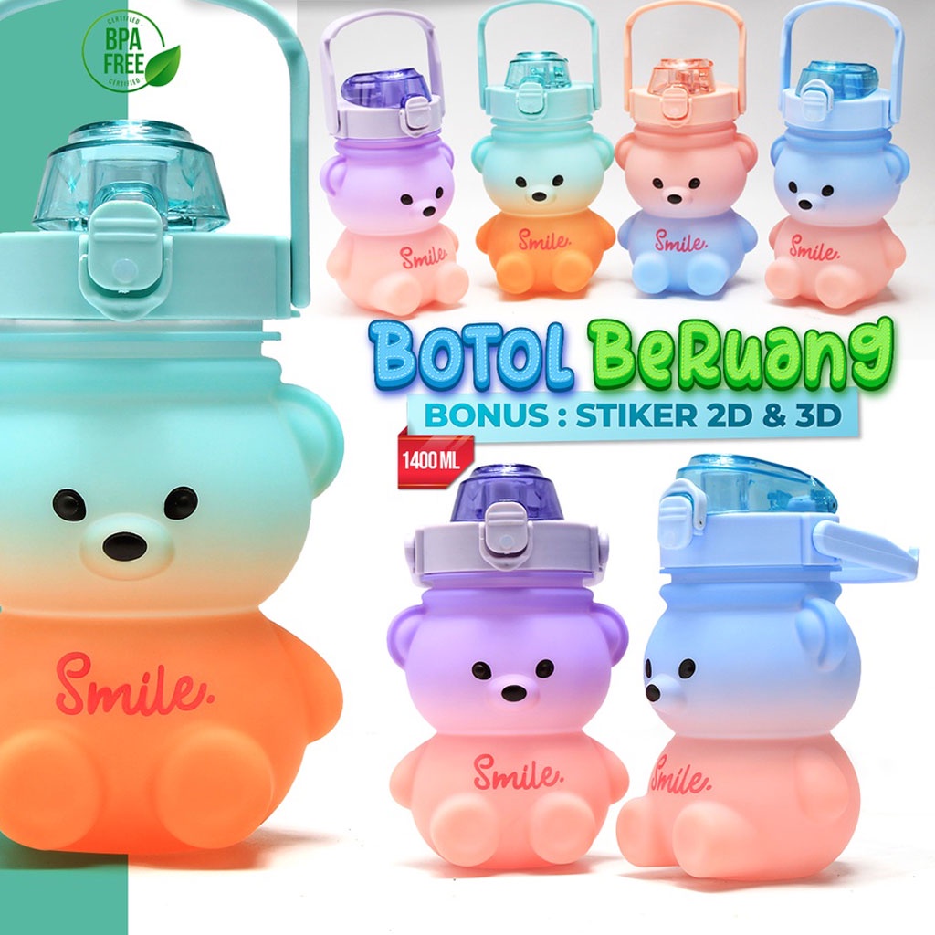(AA-52) Botol Minum Beruang viral Smile Gradasi / BOTOL BERUANG LUCU / BOTOL VIRAL + Stiker 2D dan 3