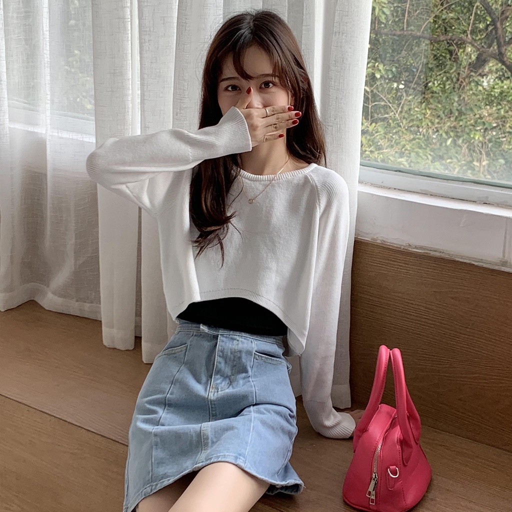 Knit T-Shirt Crop Top Kaos Rajut Lengan Panjang Wanita Korean Style