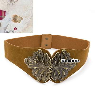 Ikat Pinggang (Camel) Korean Fashion 2 Leaves Carve Wide Waist Elastic Stretch Woman Belt YF8C8C