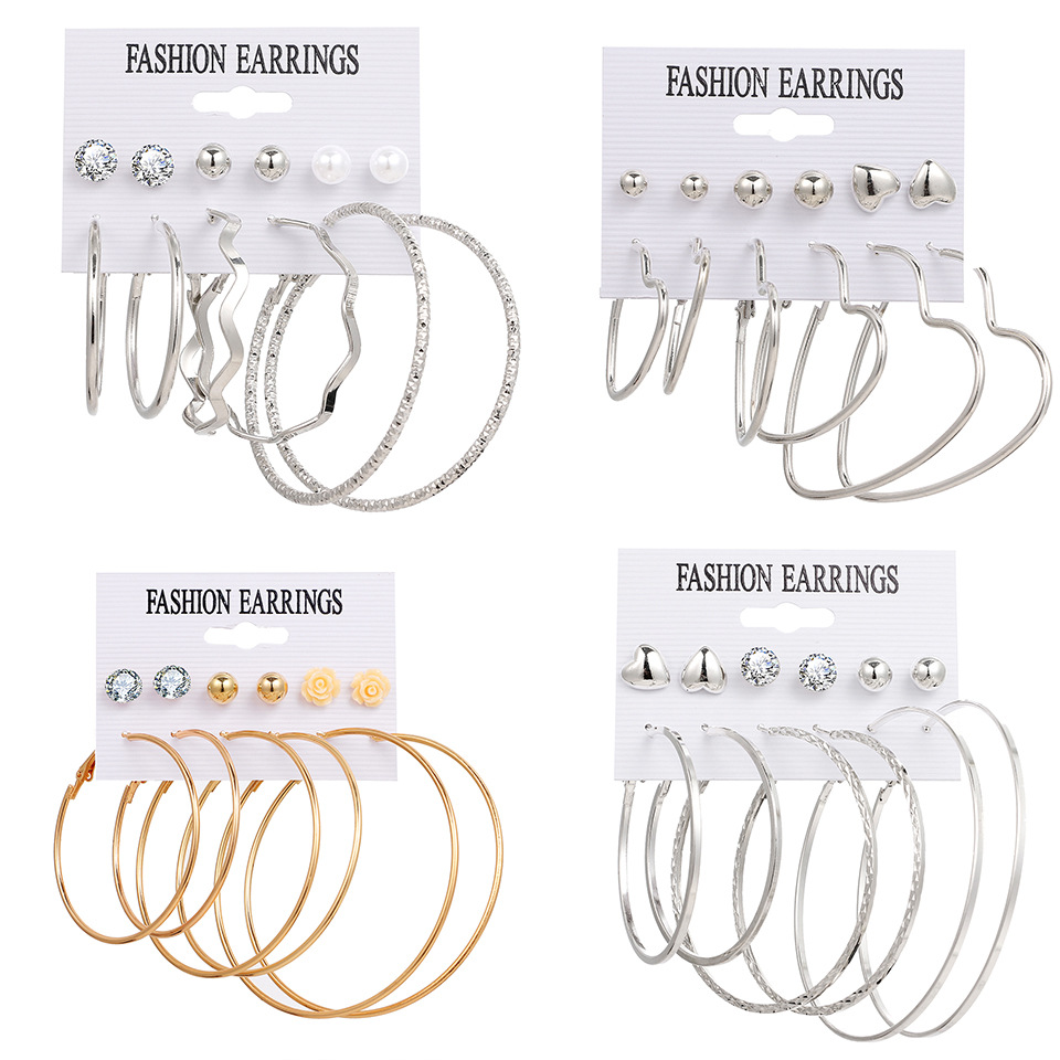 6pcs / Set Anting Tusuk Bentuk Hati Geometri Hias Mutiara + Berlian Imitasi Untuk Wanita