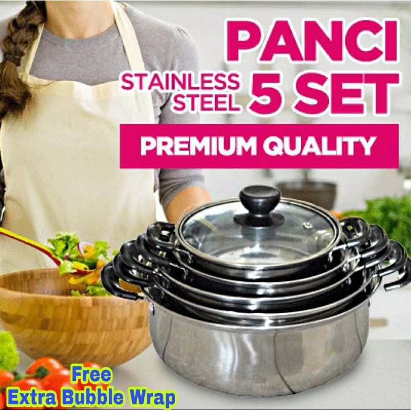 Panci Stainless Steel Full Set 5 pcs / Panci Bundar Susun Tutup Kaca