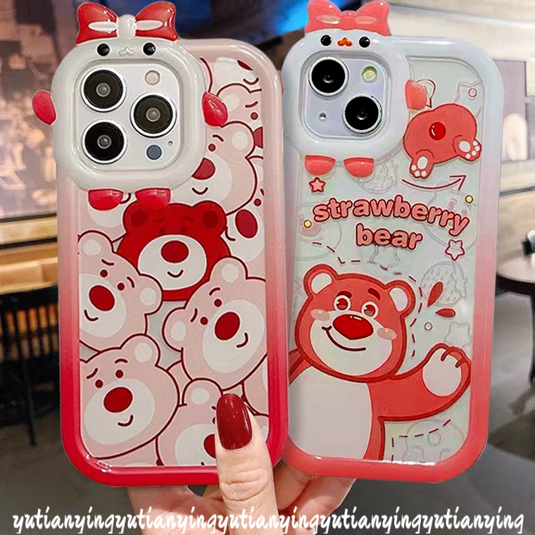 Kartun Strawberry Bear Manyo Couple Case Oppo A17 A96 A57 2022 A16 A5 A9 A54 A3s A7 A5s A12 A53 A17K A74 A95 A16K A52 Reno 4F 5F 5 7 A76 A15 A55 A31 A15S A16s 3D Monster Cover