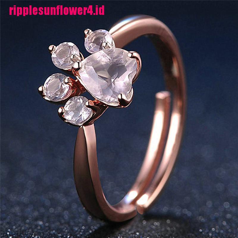 Cincin Terbuka Adjustable Model Telapak Kaki Kucing Warna Rose Gold Dengan Batu Zircon Untuk Wanita