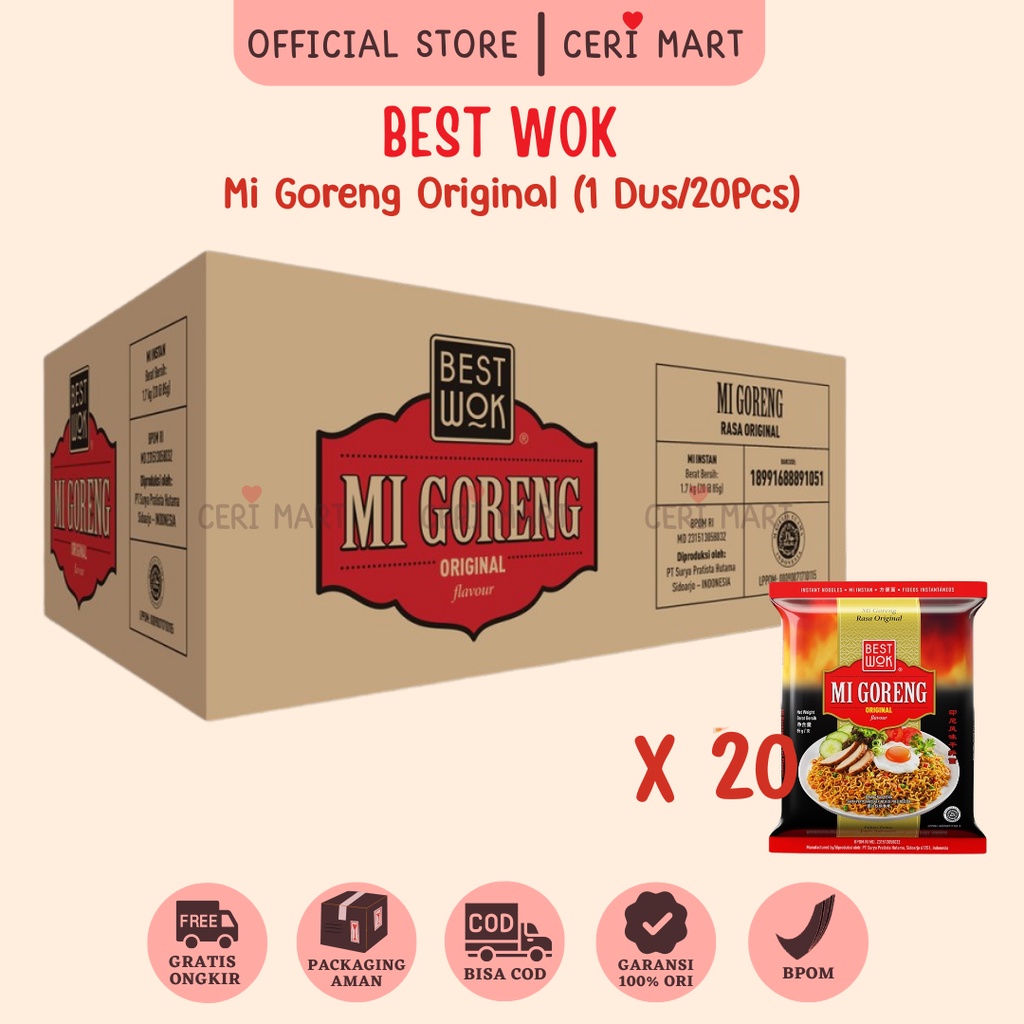 Best Wok Mi Mie Goreng Original 1 Dus 20 pcs Instant Noodle 85gr BestWok KKV Indomie