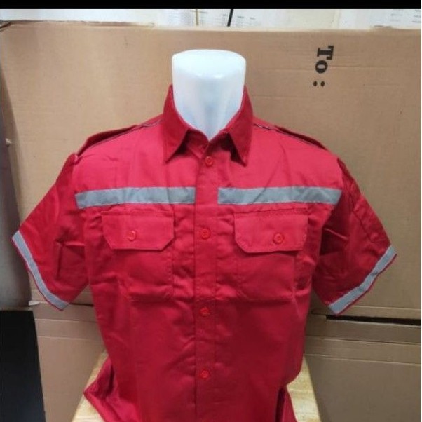 BAJU SAFETY/BAJU PROYEK BAHAN AMERICAN DRILL ORIGINAL LENGAN PENDEK  MERAH ORIGINAL.