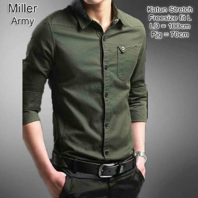 KEMEJA PRIA LENGAN PANJANG MODEL MILLER WARNA HIJAU ARMY