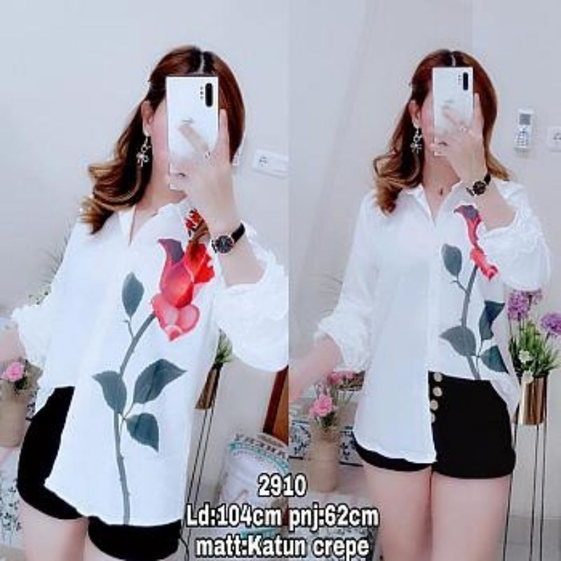 2910#kemeja tgn 7/8 mawar import bhn moscrepe tebel bagus banget fit xl