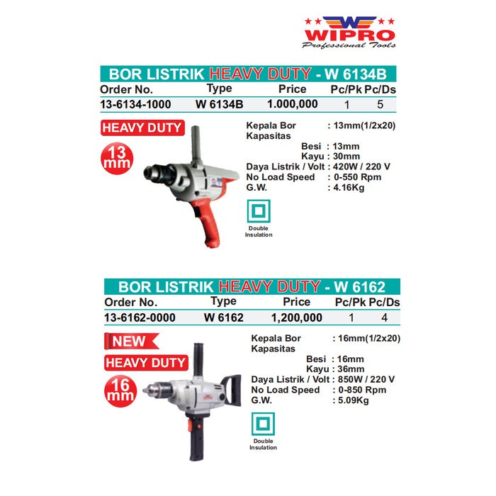 Wipro W6162 / W 6162 Mesin Bor Besi/Kayu 16mm /16 mm Kapal Heavy Duty Body Besi