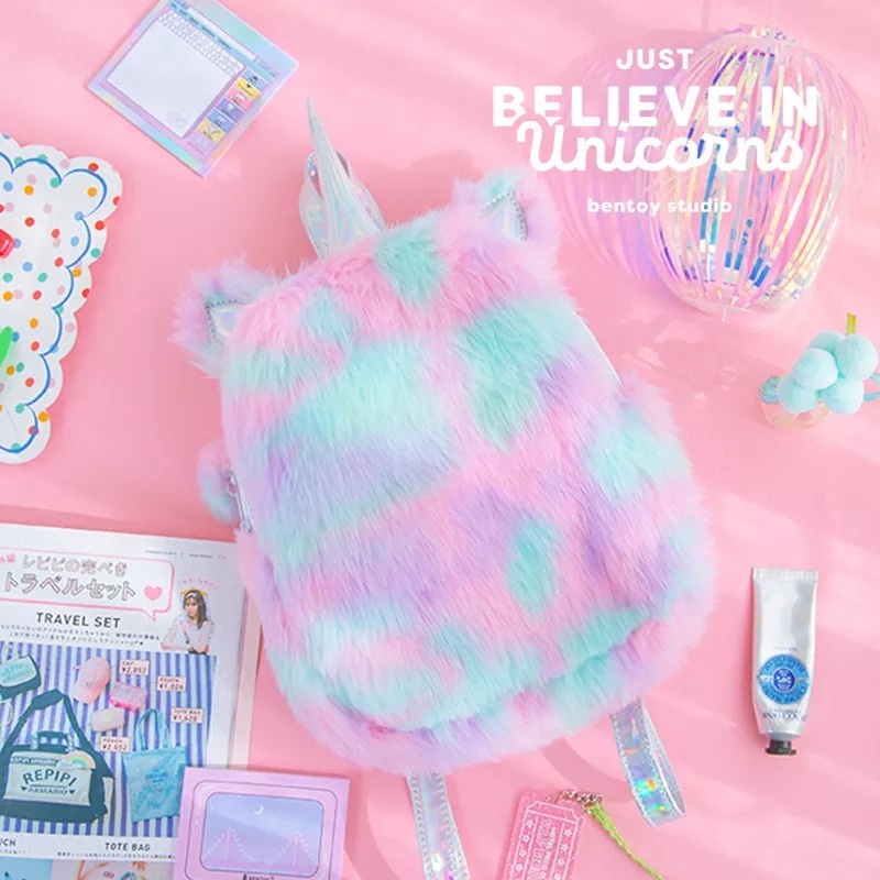 Tas Ransel Fluffy Unicorn Bag Rainbow / Tas Hologram Bulu Import Premium Unicorn Mini Backpack / Tas Bulu Unicorn