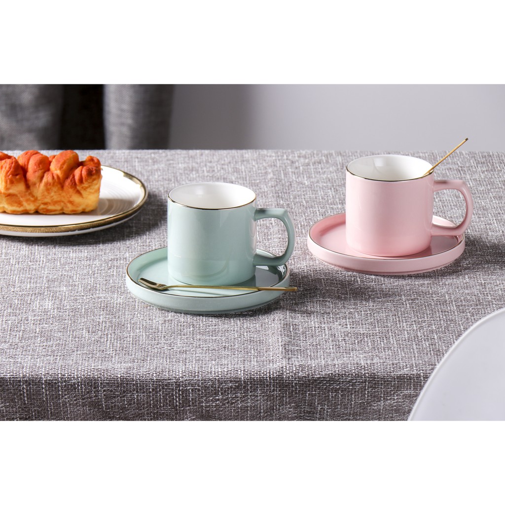 Gelas Keramik Mug Set Tutup Sendok Lucu Murah List Emas