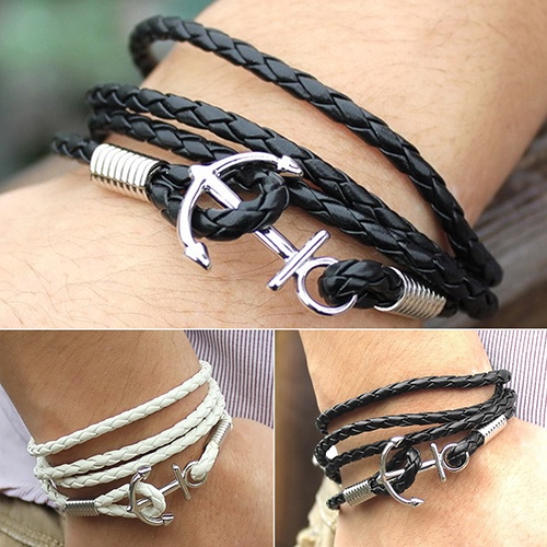 Hu Hu Hu Hu Hu Alat Bantu Pasang Kacamata♡ Gelang Multilayer Bahan Kulit Imitasi Aksen Jangkar Infinity Untuk Pria