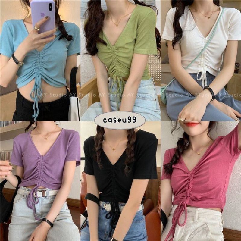 blouse kerut v neck// Korean top Women drawstring ruched front crop top candy color tali kerut serut moisha