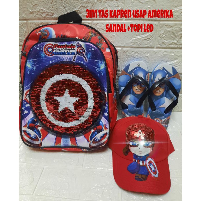 3in1 tas usap berubah gambar kapten amerika jadi spiderman+topi led+sandal