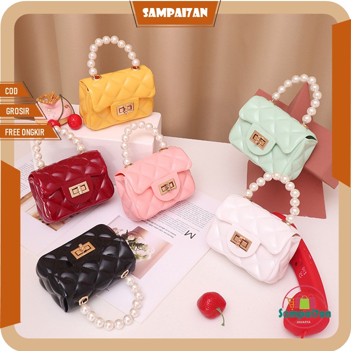 Tas Jelly Glossy Wanita Mutiara Rantai Import Sling Bag Jalan Cewek T213