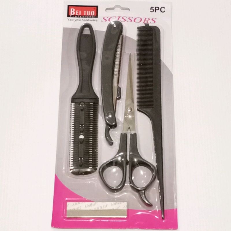 Gunting Potong Rambut Cukur Lipat Sisir Sasak Set 5 Pcs Putih Merah / Zigzag Shaggy Combi + Scissors