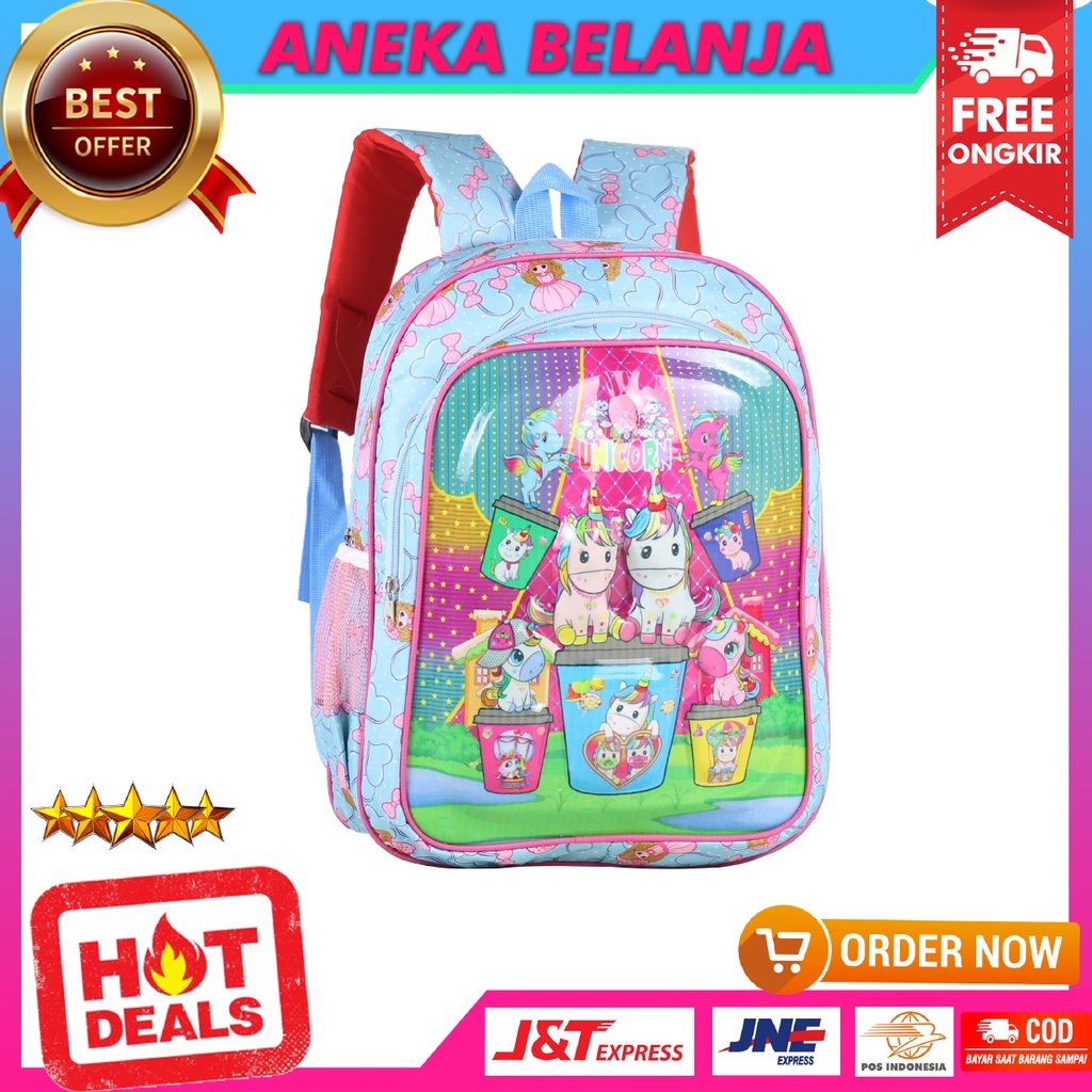 Tas Ransel Lampu Karakter Unicorn Warna Biru Imut Lucu Kekinian Cocok Untuk Anak Cewek TK PAUD